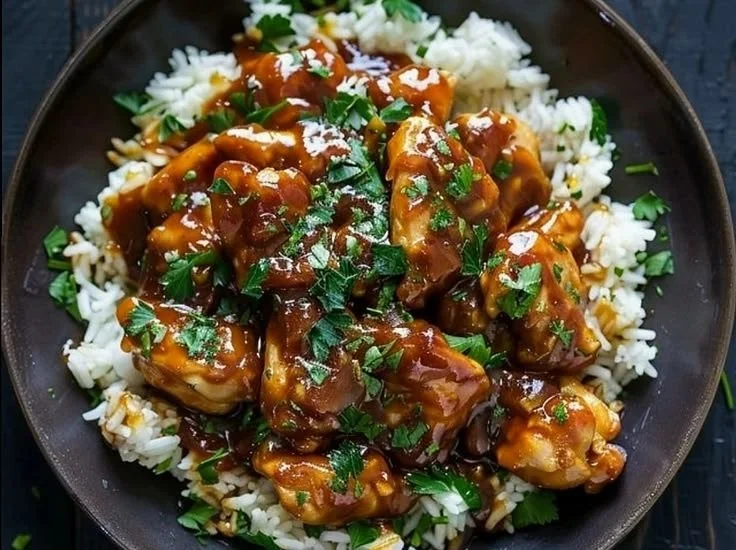 Honey Garlic Chicken Rice Bowl with vibrant vegetables and rice