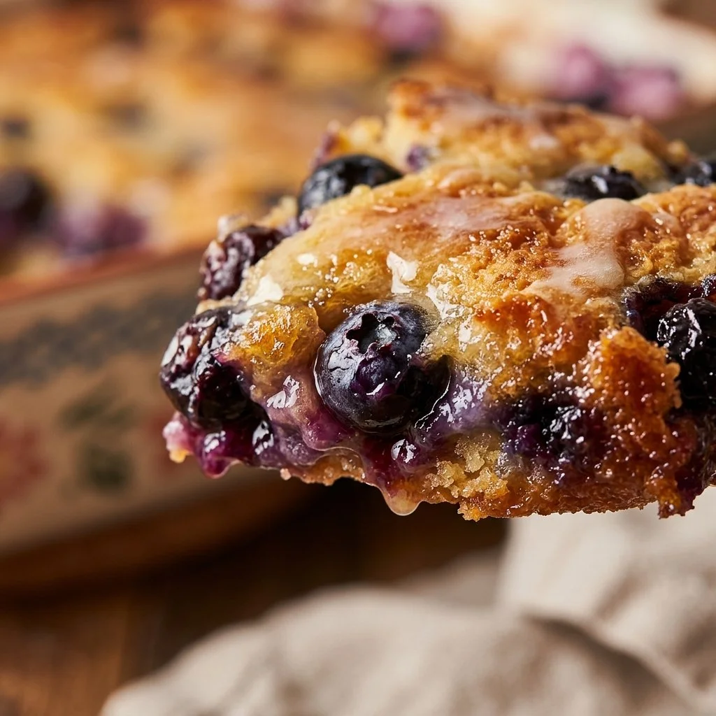 Delicious Lemon Blueberry Dump Cake fresh out of the oven with a golden crust.
