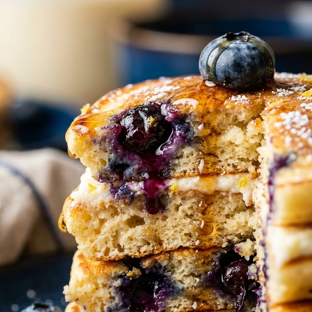 Delicious Lemon Blueberry Ricotta Pancakes topped with fresh blueberries and lemon zest