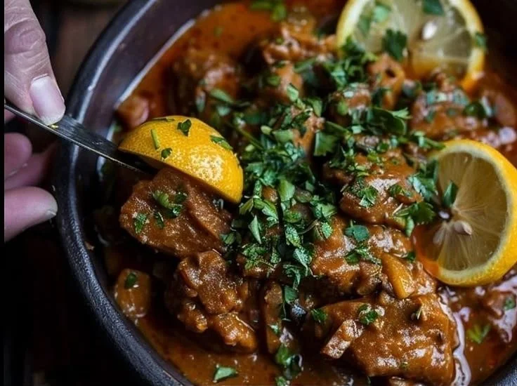 Delicious Lemon Chicken Curry served with rice and garnished with cilantro.
