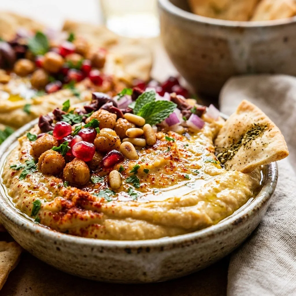 Loaded hummus board with various toppings and dips for a party appetizer