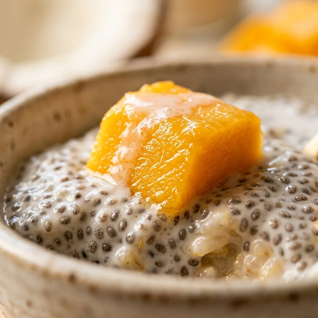 Mango-Chia Pudding with Sticky Rice in a clear glass bowl.