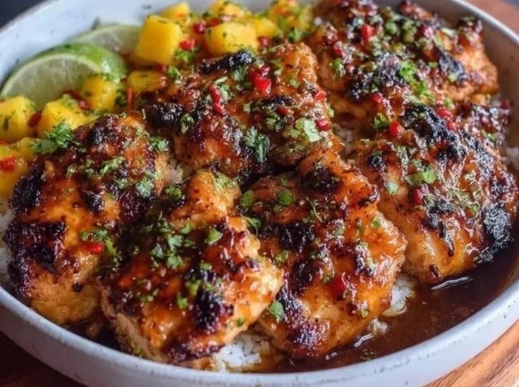 Mango-glazed chicken thighs served with colorful vegetables on a plate.