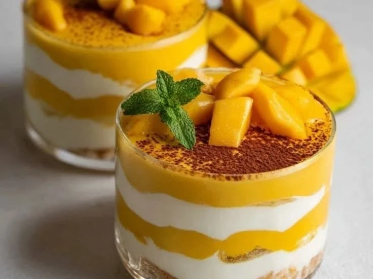 Delicious Mango Mousse Parfait served in a glass, topped with fresh mango slices.