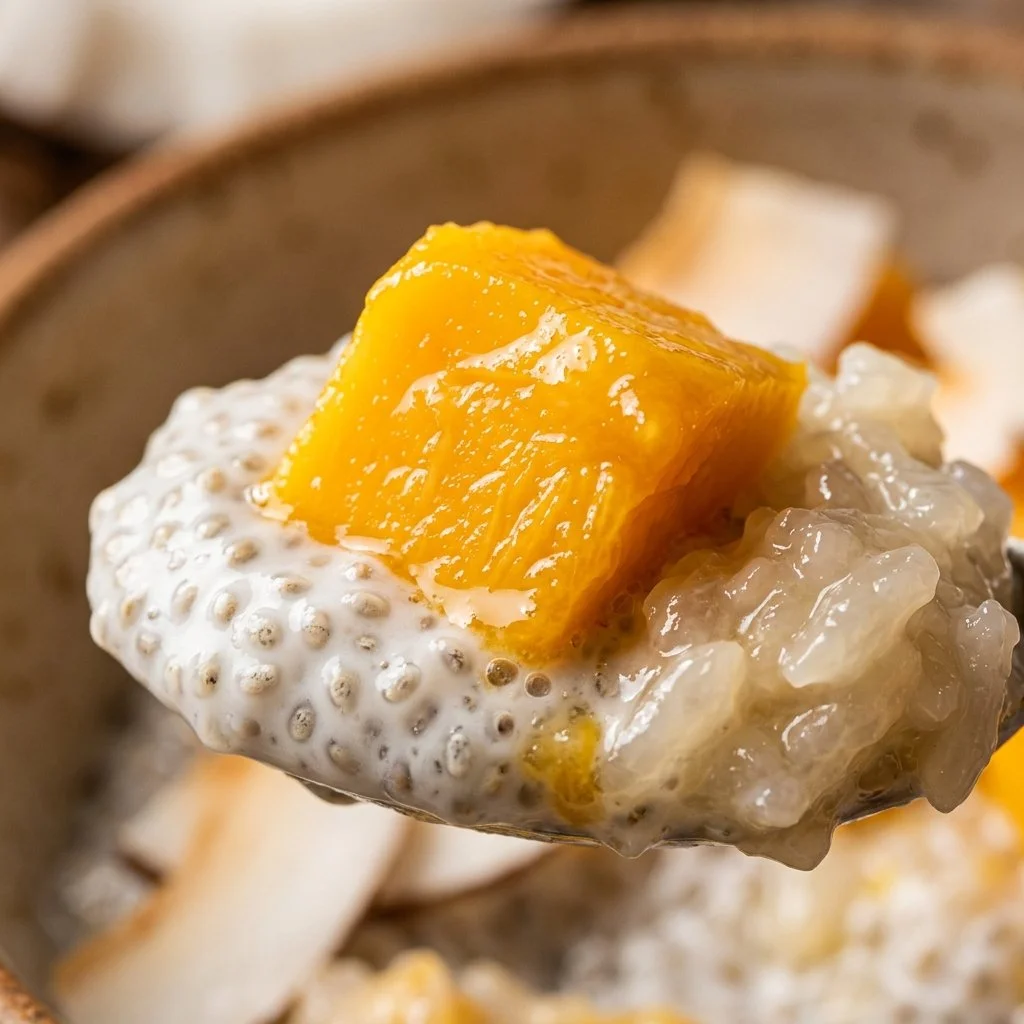 Delicious Mango Sticky Rice Chia Pudding topped with fresh mango slices
