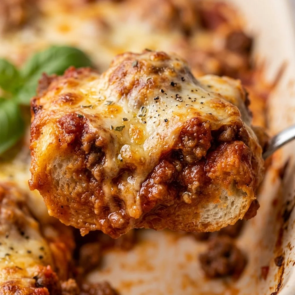 Delicious meatball sub casserole topped with melted cheese and marinara sauce