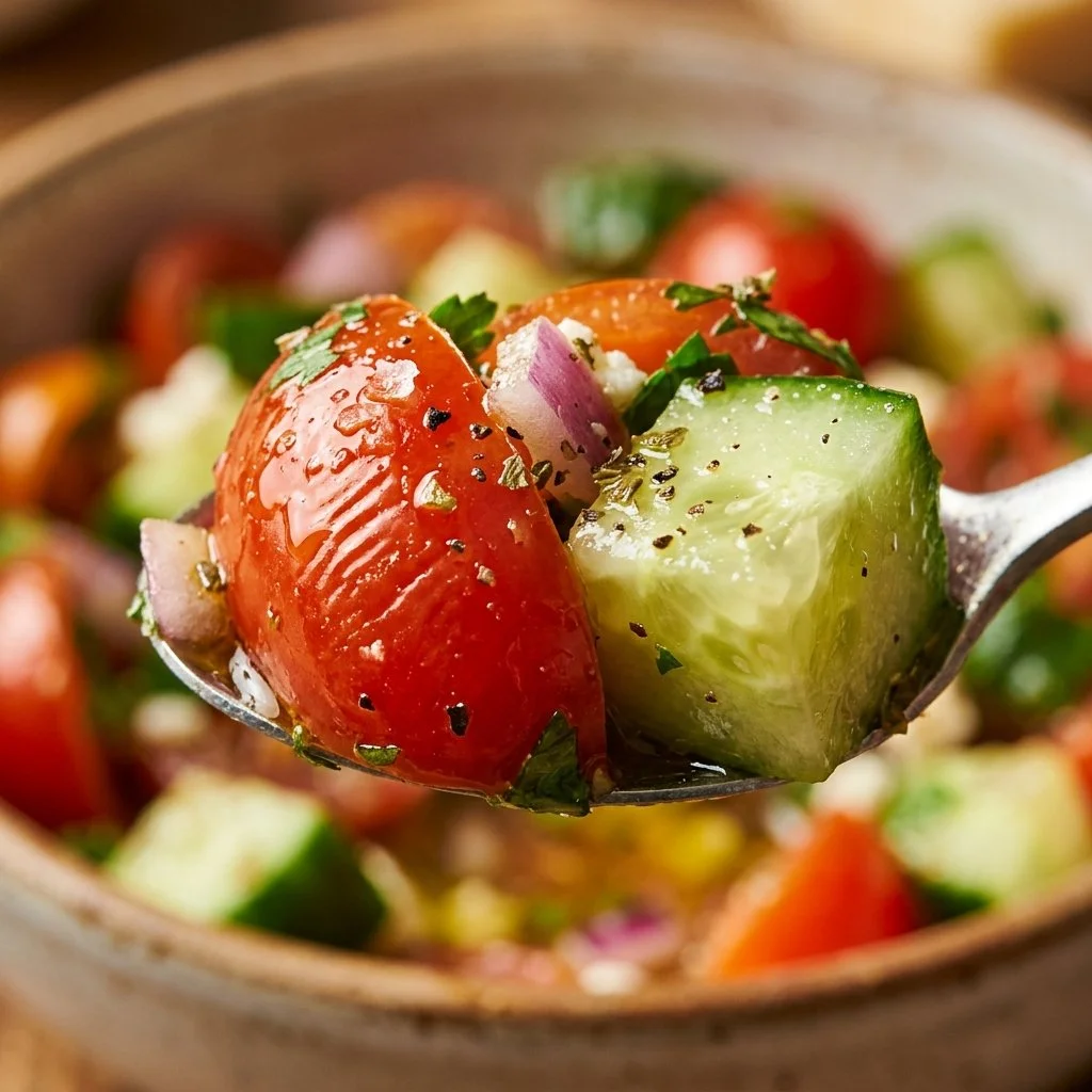 Fresh Mediterranean Cucumber Tomato Salad with herbs and dressing