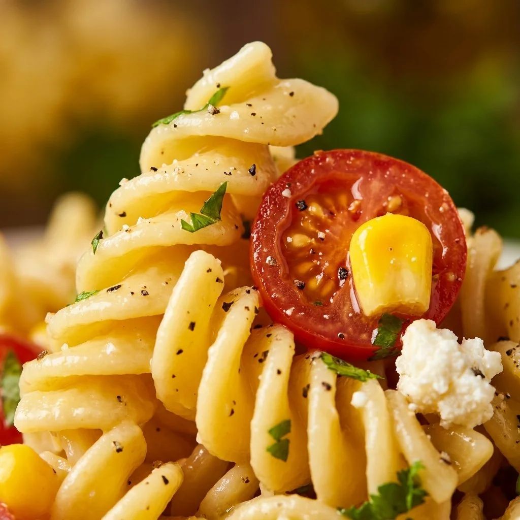Bowl of vibrant Mexican street corn pasta salad with fresh ingredients