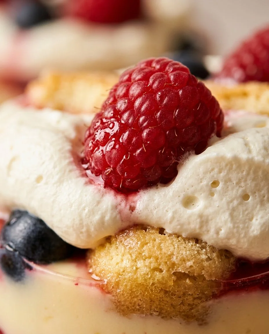 No-bake berry trifle cups with layers of cream and fresh berries