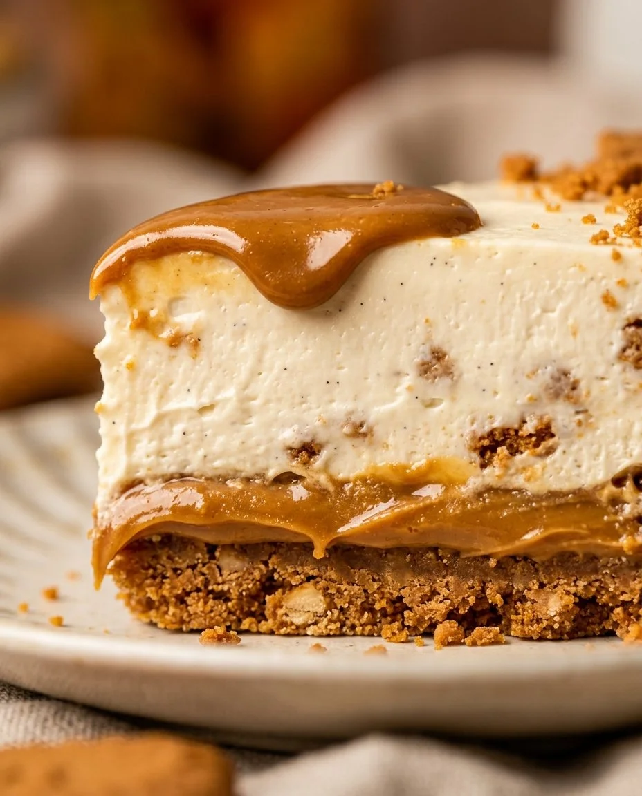 Delicious No-Bake Lotus Biscoff Cheesecake topped with crumbled Biscoff cookies