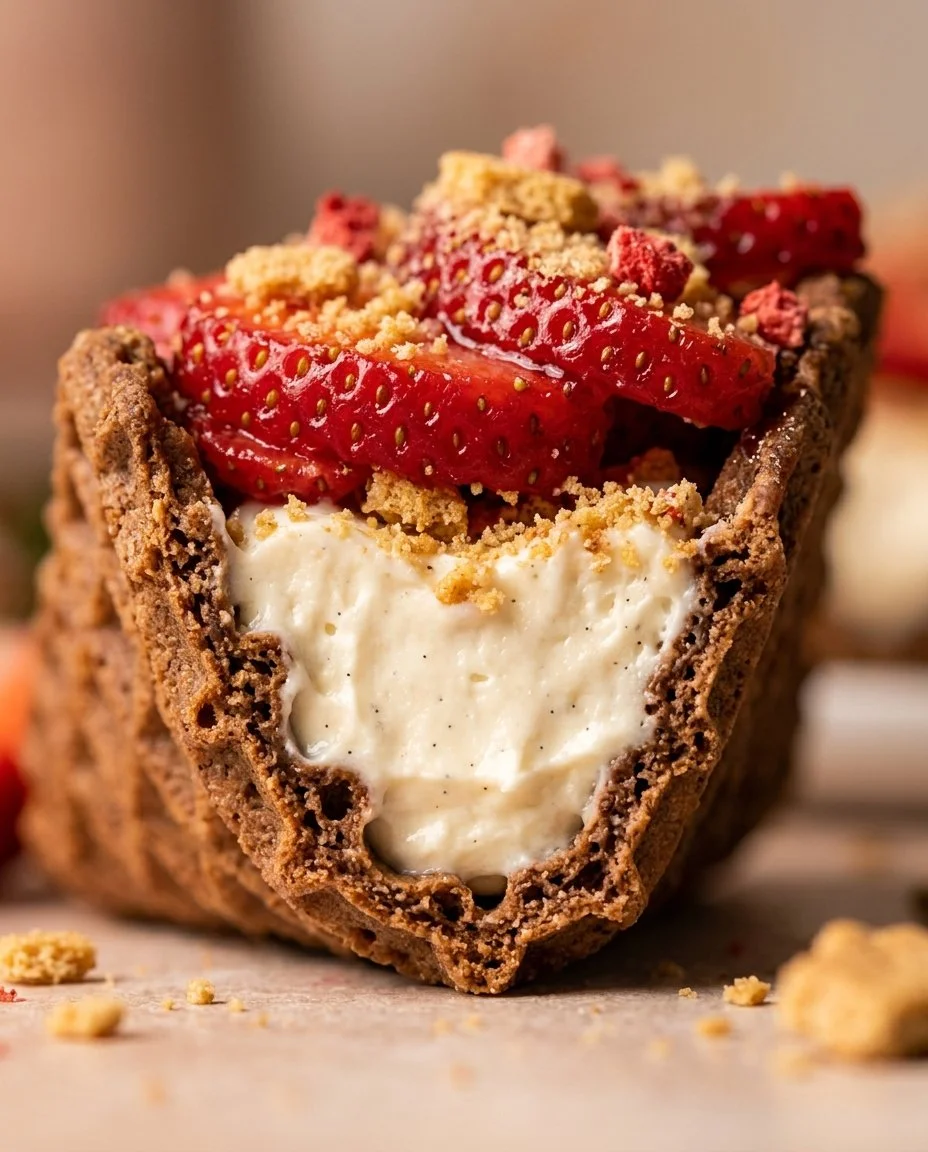 No-bake strawberry crunch cheesecake tacos with fresh strawberries and crunchy topping