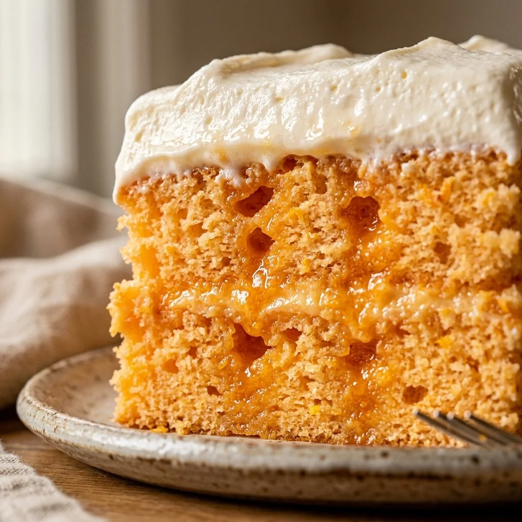 Delicious Orange Creamsicle Poke Cake topped with orange cream and fresh oranges
