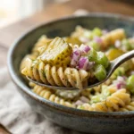 Pasta salad with dill pickles served in a bowl, garnished with herbs.