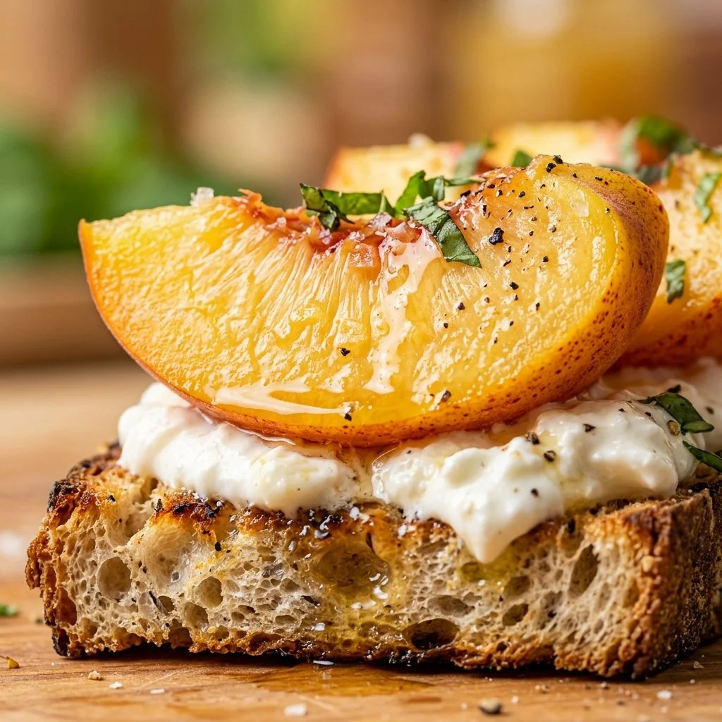 Delicious peach burrata toast topped with fresh peaches and herbs