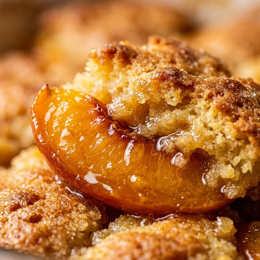 Delicious Peach Cobbler Dump Cake served in a baking dish with fresh peaches