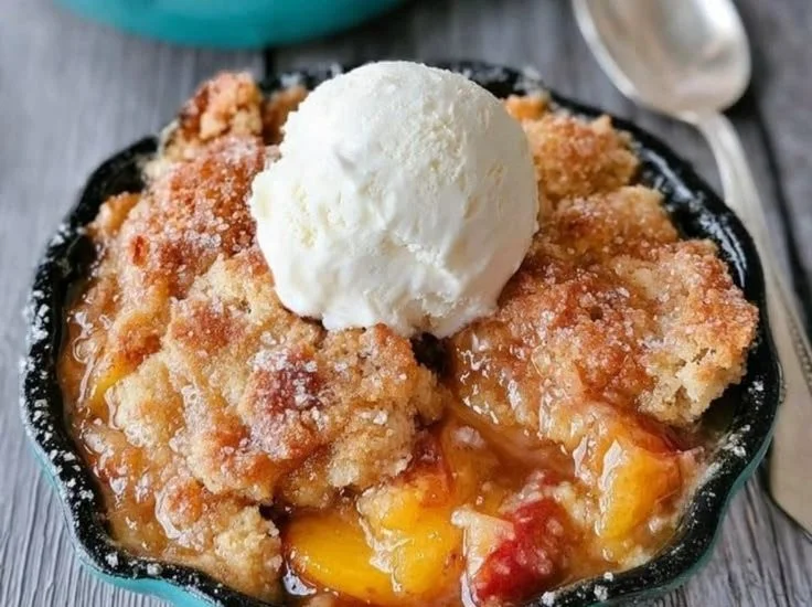 Delicious Peach Cobbler served with creamy ice cream on top