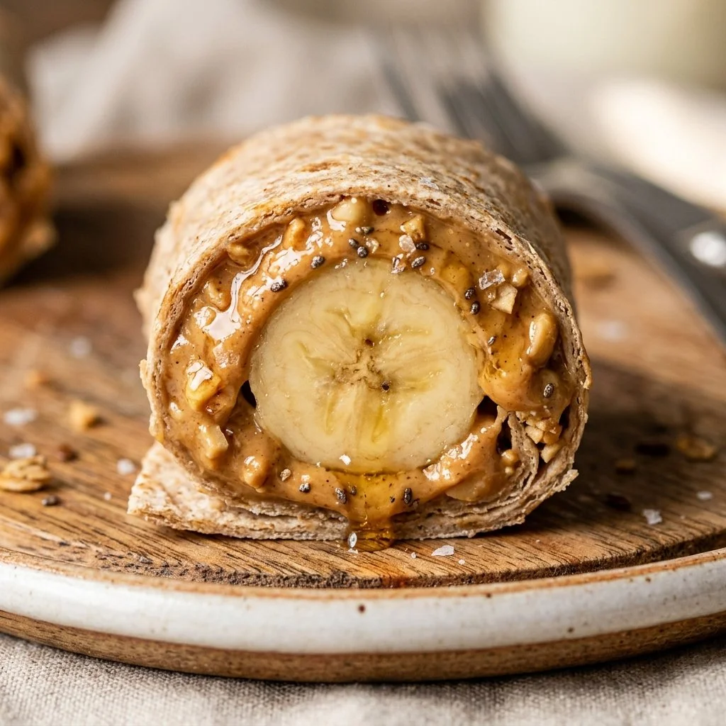 Peanut butter banana breakfast wrap on a plate, ready to eat.