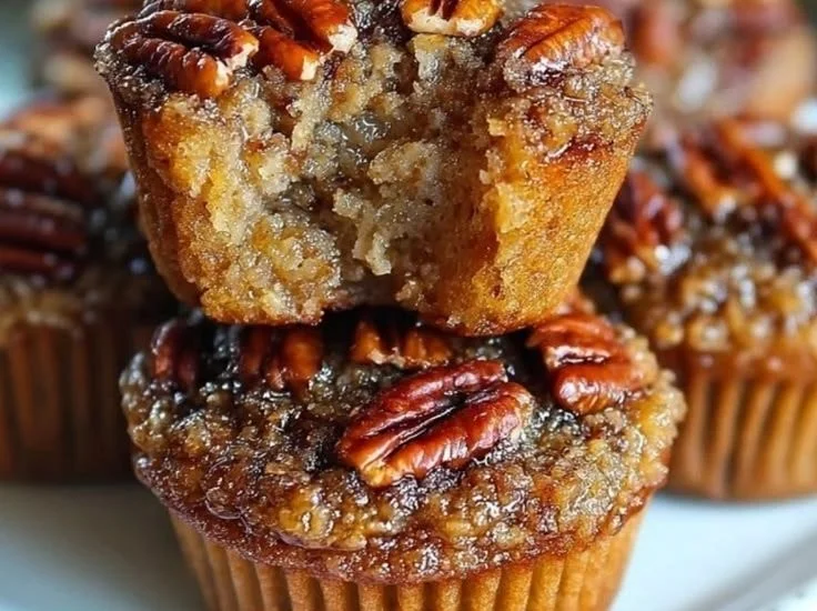 Delicious pecan pie muffins topped with pecans on a rustic wooden table