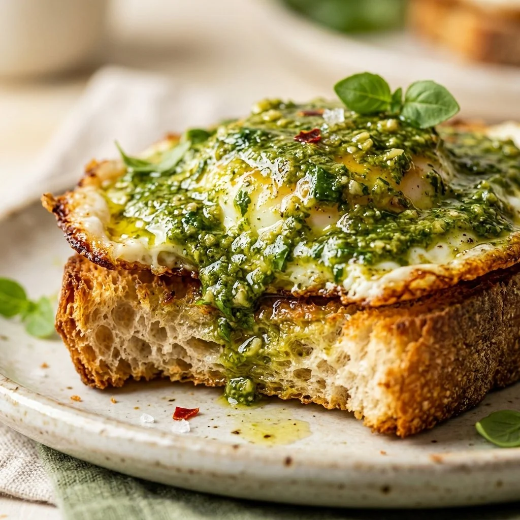 Pesto eggs on toast served on a plate for a delicious breakfast