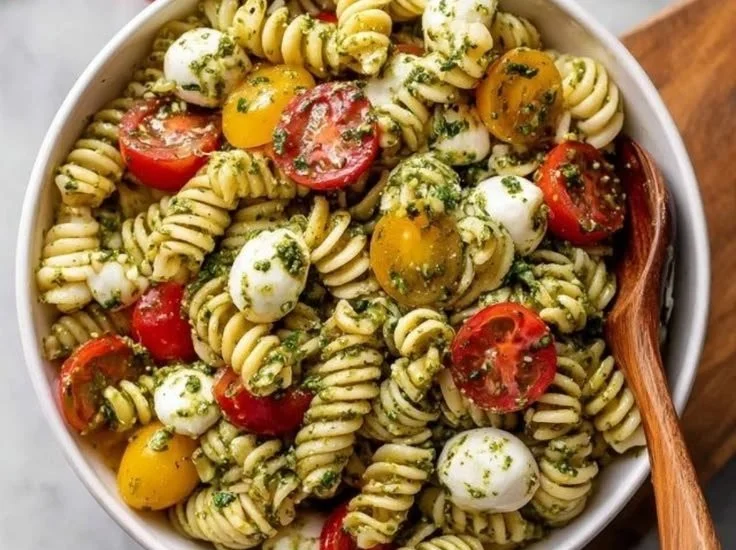 A vibrant pesto pasta salad with fresh vegetables and herbs, served in a bowl.