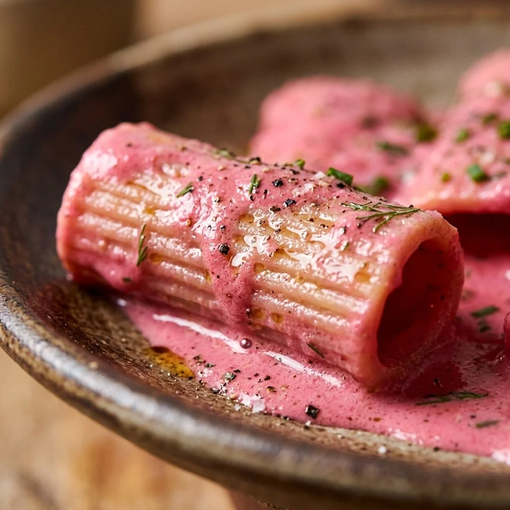 A bowl of creamy Pink Sauce Pasta garnished with fresh herbs and grated cheese.
