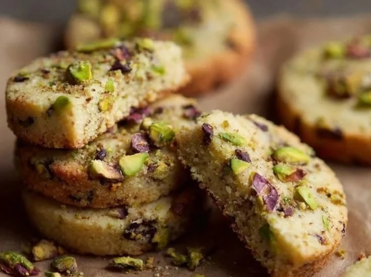 Pistachio shortbread cookies on a plate with green pistachio nuts