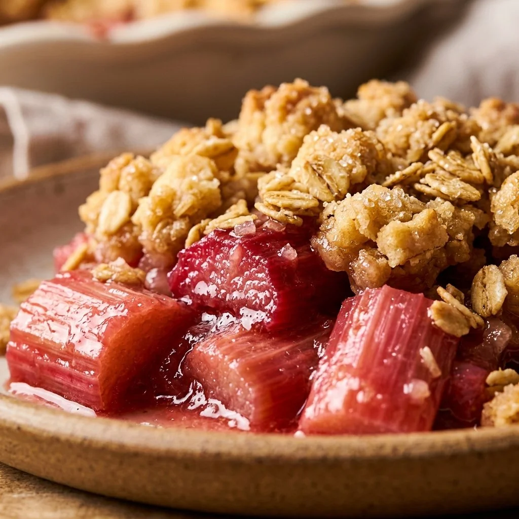 Delicious homemade rhubarb crisp with a golden crumb topping