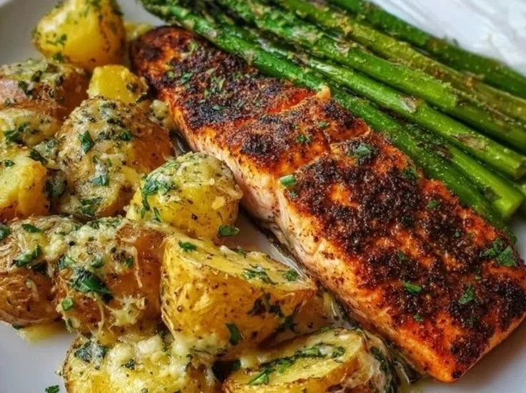Plate of salmon served with asparagus and garlic potatoes