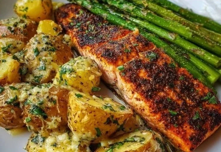 Salmon Asparagus And Garlic Potatoes