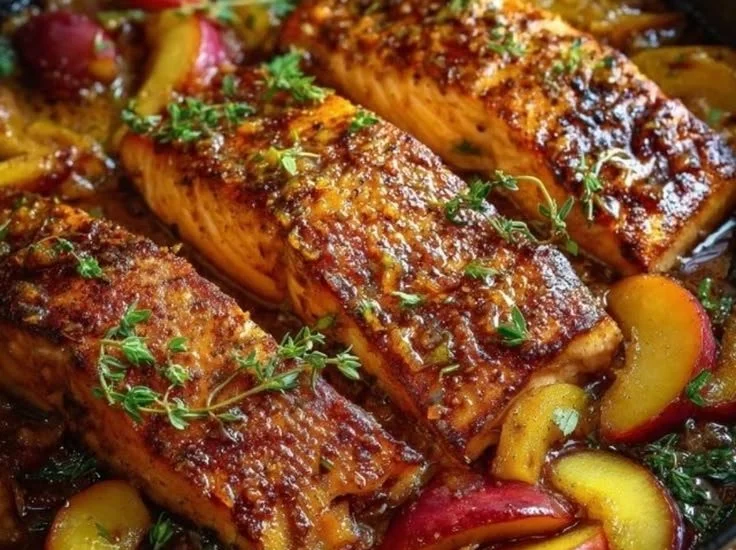 Plate of Salmon with Honey Glaze and Peaches garnished with herbs