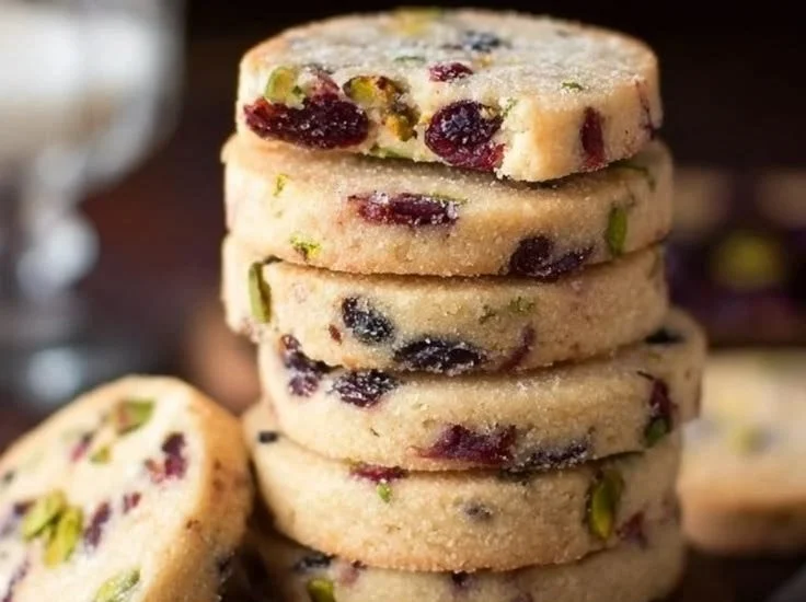 Shortbread cookies with cranberry and pistachio on a plate