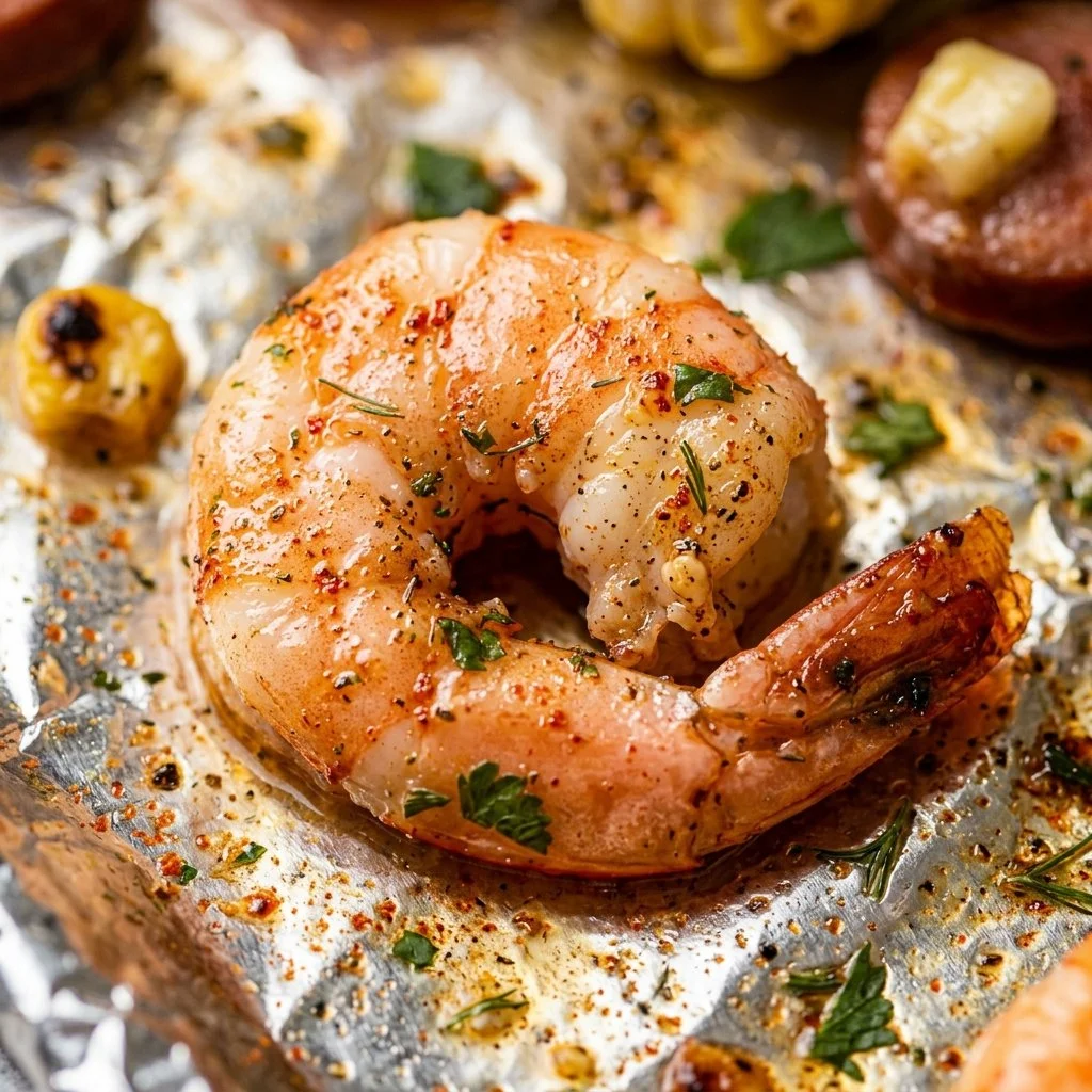Shrimp boil foil pack dinner with vegetables on a sheet pan ready to serve.