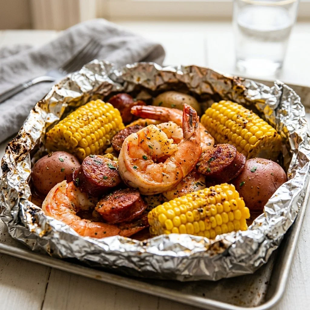 Shrimp Boil Foil Pack Dinner on a Sheet Pan