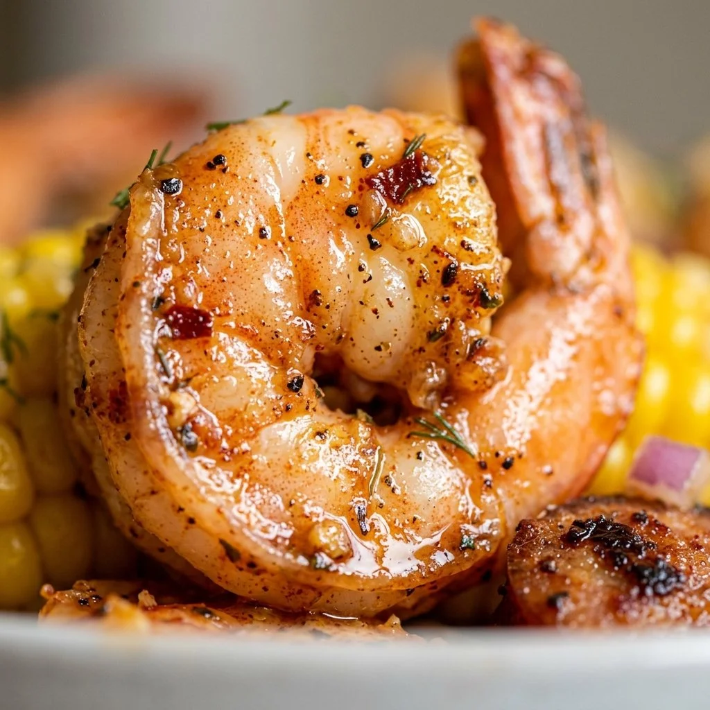 Shrimp boil cooked on a Blackstone griddle with vegetables and seasonings