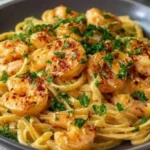 Shrimp Linguine in Garlic Sauce served on a plate with herbs and seasoning