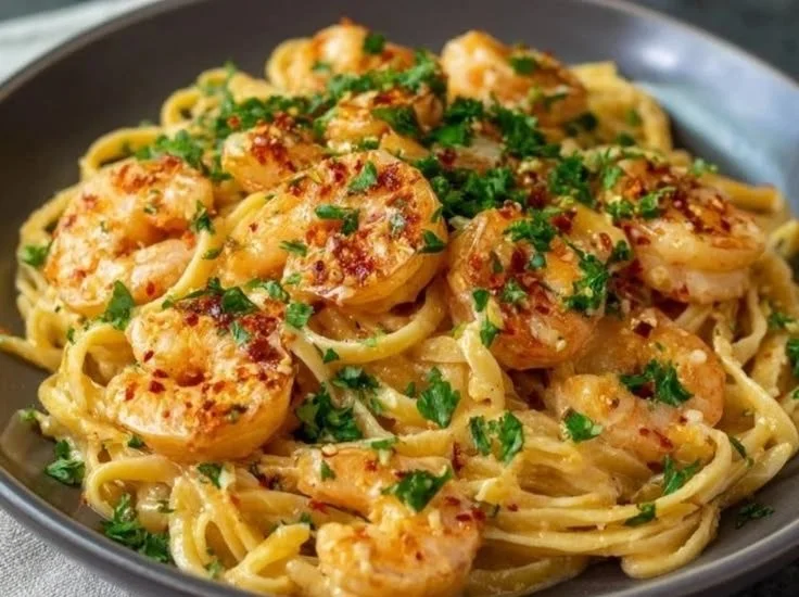 Shrimp Linguine in Garlic Sauce served on a plate with herbs and seasoning