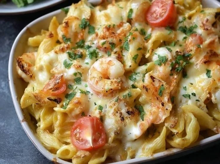 Shrimp pasta bake dish topped with cheese and herbs