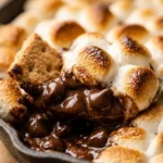Delicious s'mores dip skillet topped with melted chocolate and marshmallows.