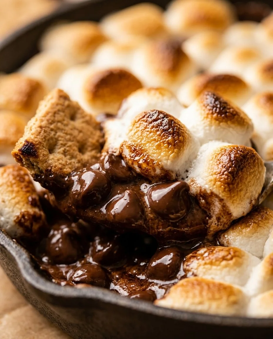 Delicious s'mores dip skillet topped with melted chocolate and marshmallows.