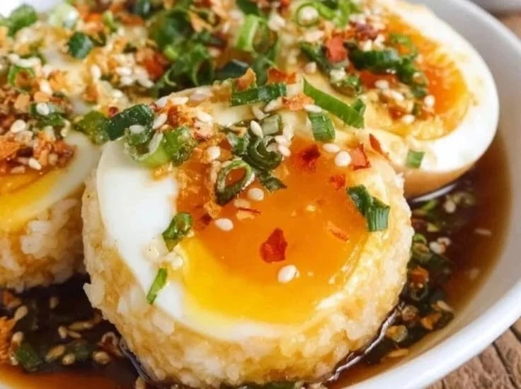 Soy Sauce Eggs served with a bowl of rice, garnished for flavor.