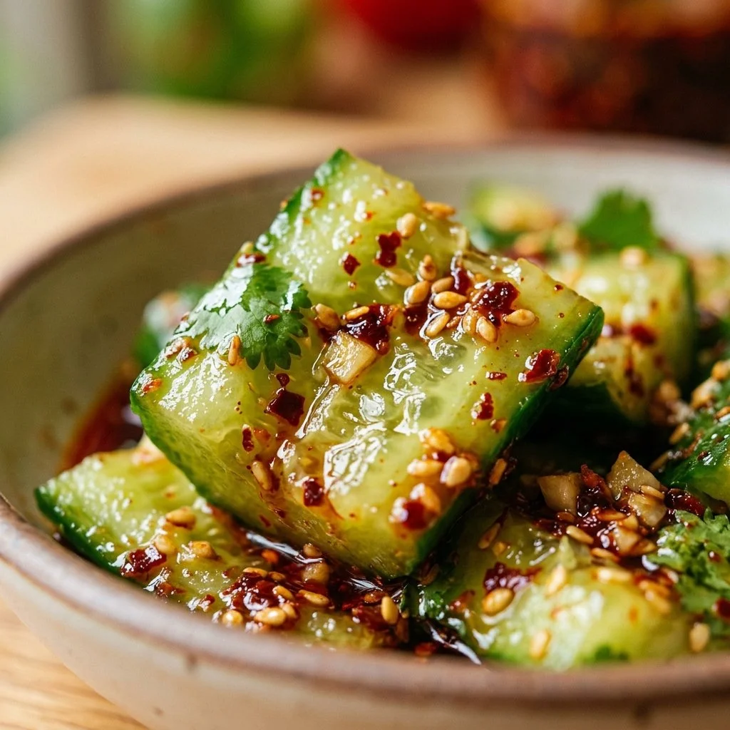 Spicy Smashed Cucumber Salad drizzled with Chili Oil on a plate