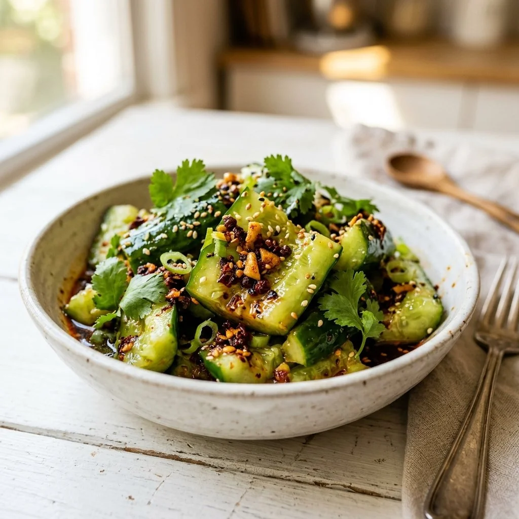 Spicy Smashed Cucumber Salad with Chili Oil