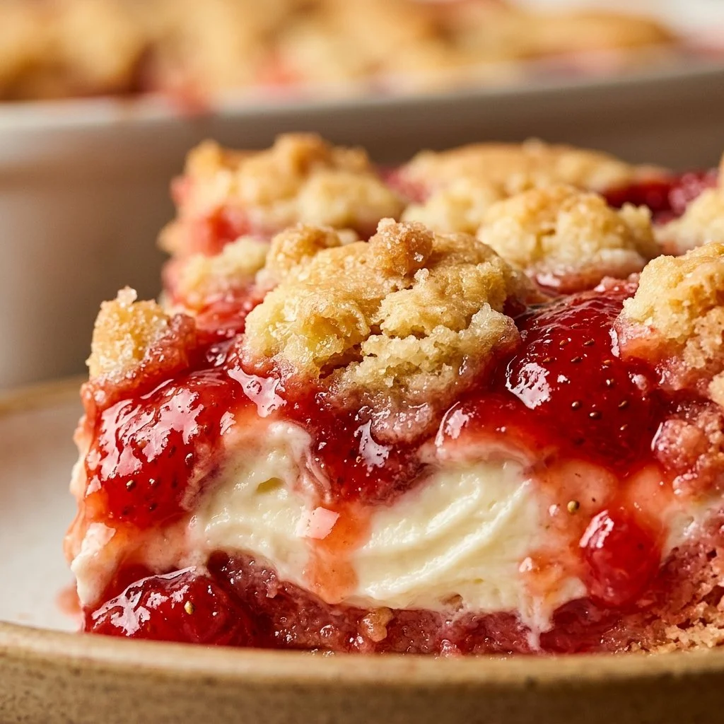 Delicious strawberry cheesecake dump cake topped with fresh strawberries.