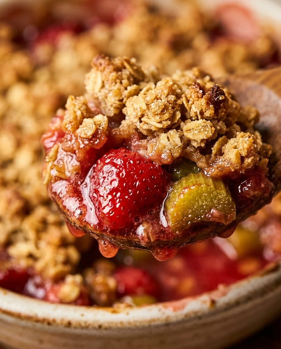 Delicious strawberry rhubarb crisp bars topped with a crunchy oat crumble