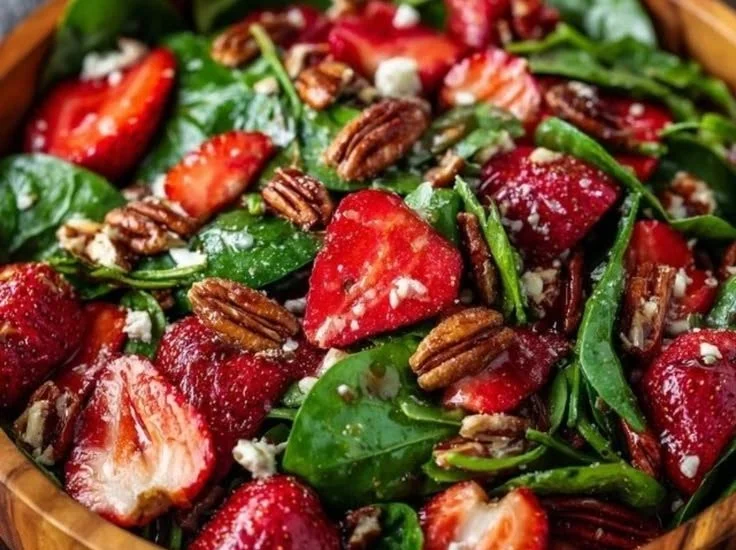 Fresh strawberry spinach salad with vibrant toppings and a light dressing