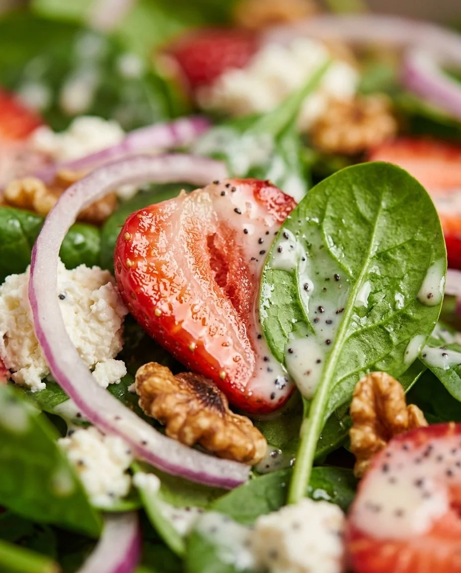 Delicious Strawberry Spinach Salad with Poppy Seed dressing in a bowl