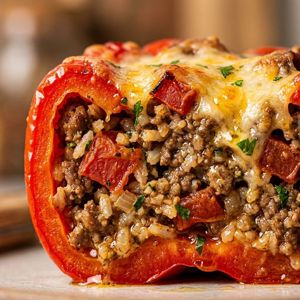 Stuffed peppers with ground beef, rice, and seasonings in a baking dish.