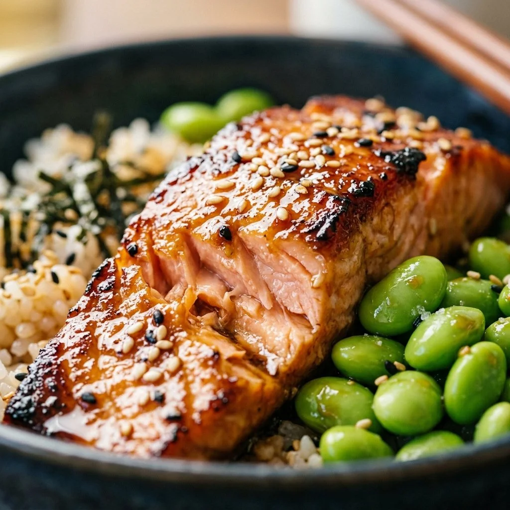 Delicious teriyaki salmon edamame bowl topped with green onions