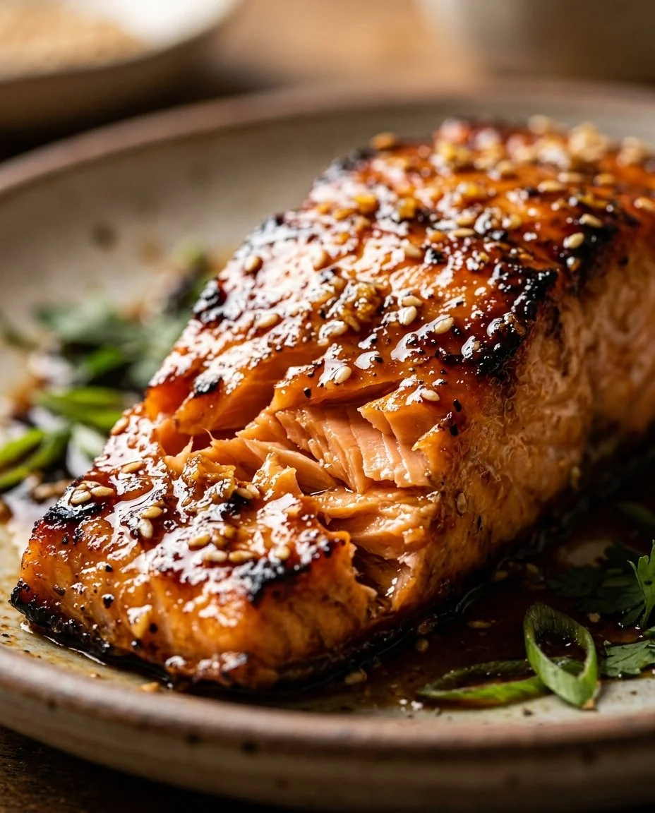 Delicious teriyaki salmon fillet grilled on Blackstone griddle