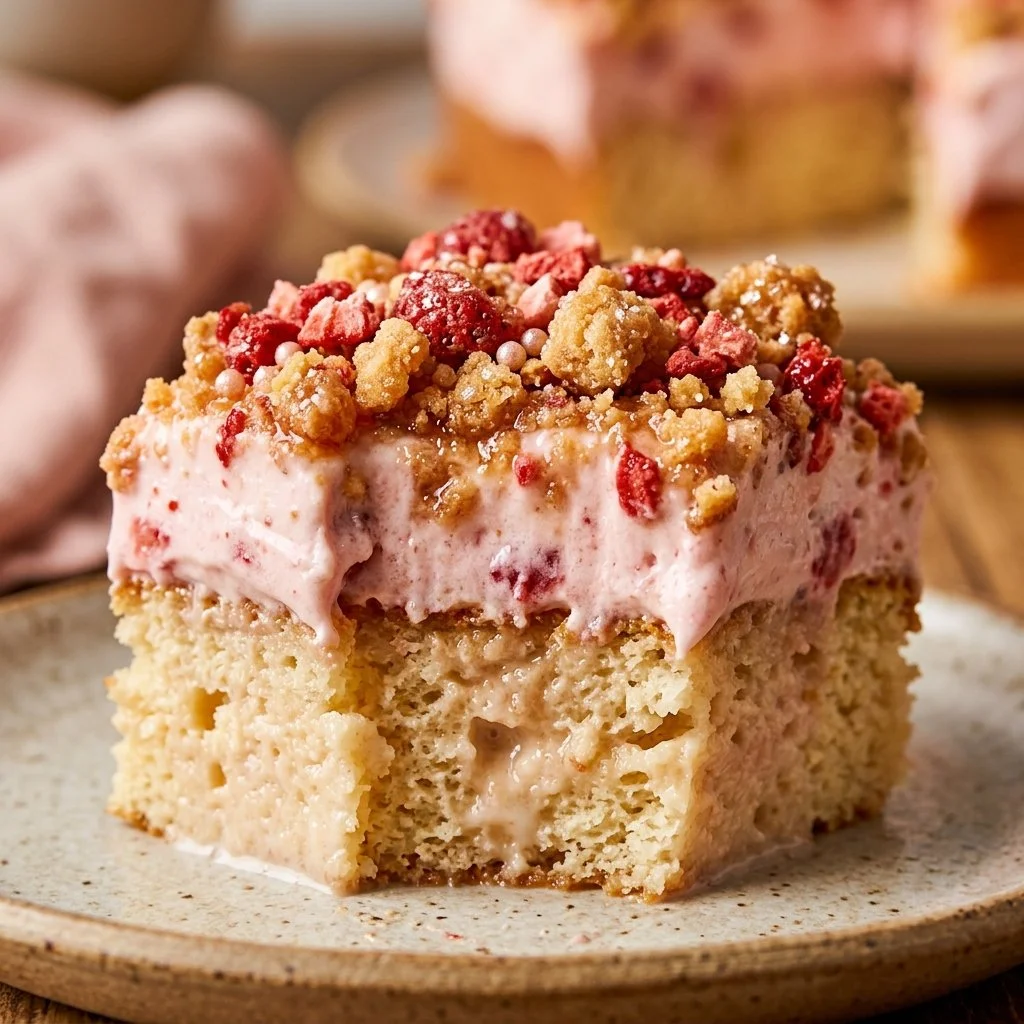 Three-Milk Strawberry Crunch Cake topped with fresh strawberries and crunchy layers.